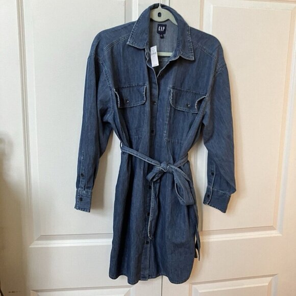 NWT Gap Oversize Belted Shirt Dress Womens S Medium Wash Mini Denim - Picture 2 of 10